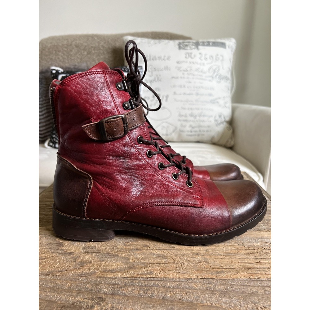 Jafa Boots Womens Size 41 10 Red Brown Leather Combat Ankle Buckle Zip Lace Up - Picture 6 of 13